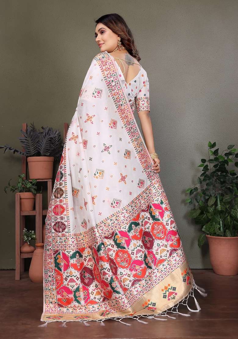 White Woven Silk Blend Saree Set for Diwali and Festive Wear - Indya