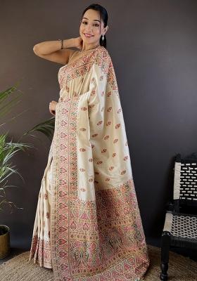 White Embroidered Silk Saree Set
