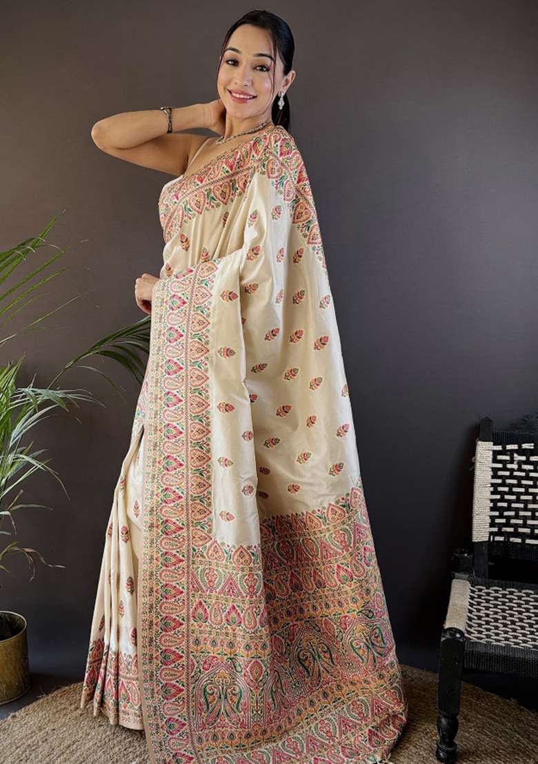 White Embroidered Silk Blend Saree Set for Diwali and Festive Wear - Indya