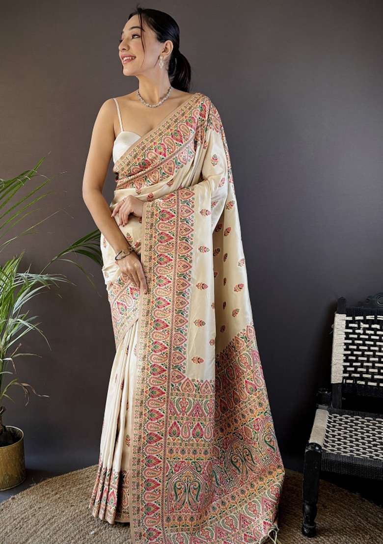 White Embroidered Silk Blend Saree Set for Diwali and Festive Wear - Indya