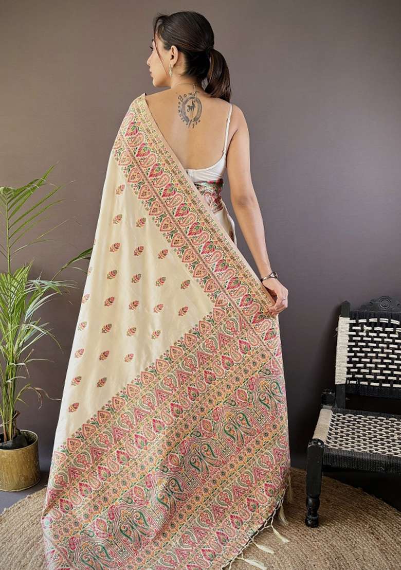 White Embroidered Silk Blend Saree Set for Diwali and Festive Wear - Indya