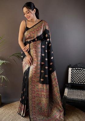 Black Embroidered Silk Saree Set