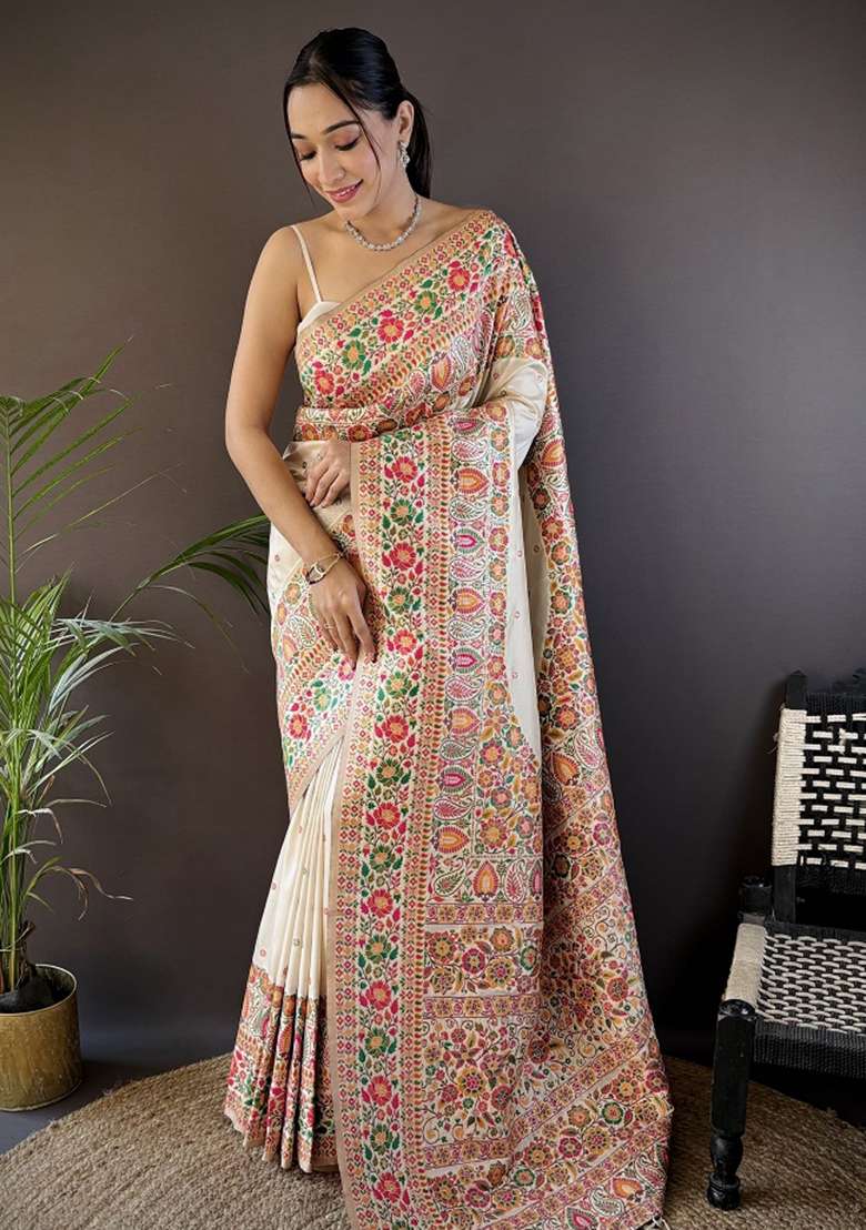 White Embroidered Silk Blend Saree Set for Diwali and Festive Wear - Indya