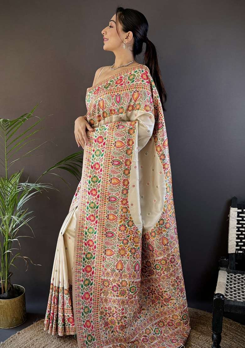 White Embroidered Silk Blend Saree Set for Diwali and Festive Wear - Indya
