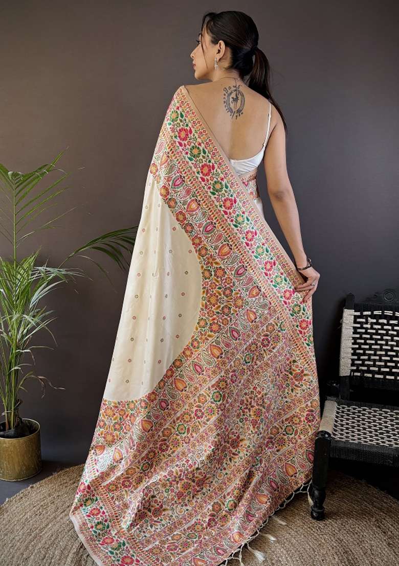 White Embroidered Silk Blend Saree Set for Diwali and Festive Wear - Indya