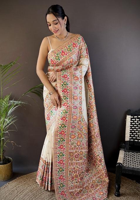 White Embroidered Silk Saree Set