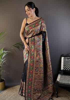 Black Embroidered Silk Saree Set