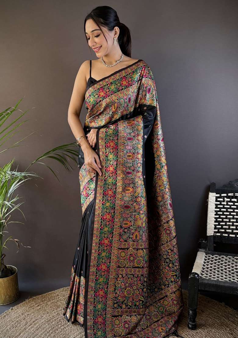 Black Embroidered Silk Blend Saree Set for Diwali and Festive Wear - Indya