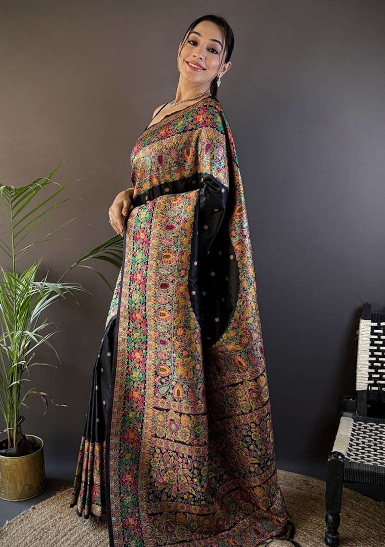 Black Embroidered Silk Blend Saree Set for Diwali and Festive Wear - Indya