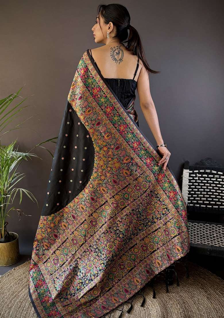 Black Embroidered Silk Blend Saree Set for Diwali and Festive Wear - Indya