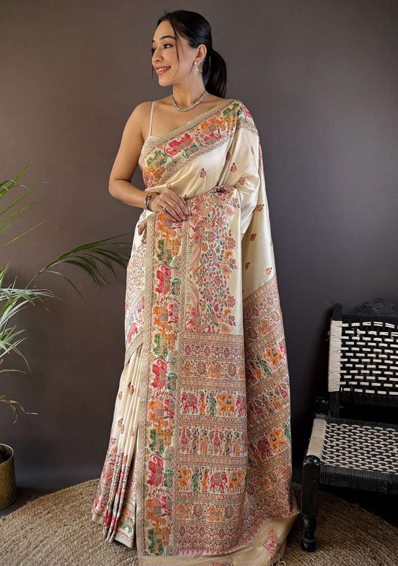 White Embroidered Silk Blend Saree Set for Diwali and Festive Wear - Indya