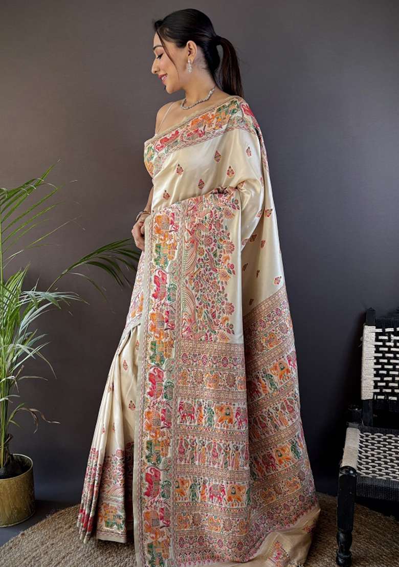 White Embroidered Silk Blend Saree Set for Diwali and Festive Wear - Indya