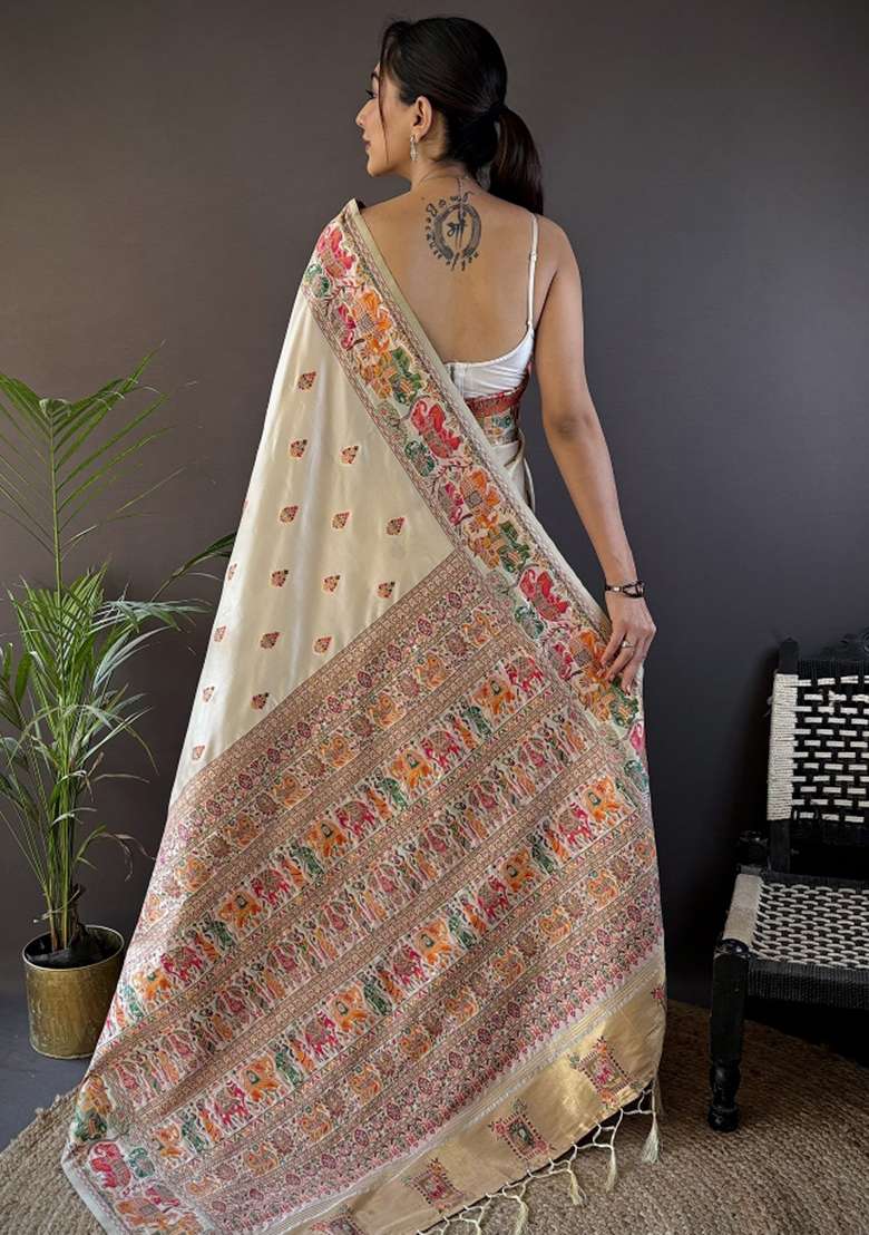 White Embroidered Silk Blend Saree Set for Diwali and Festive Wear - Indya