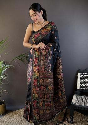 Black Embroidered Silk Saree Set