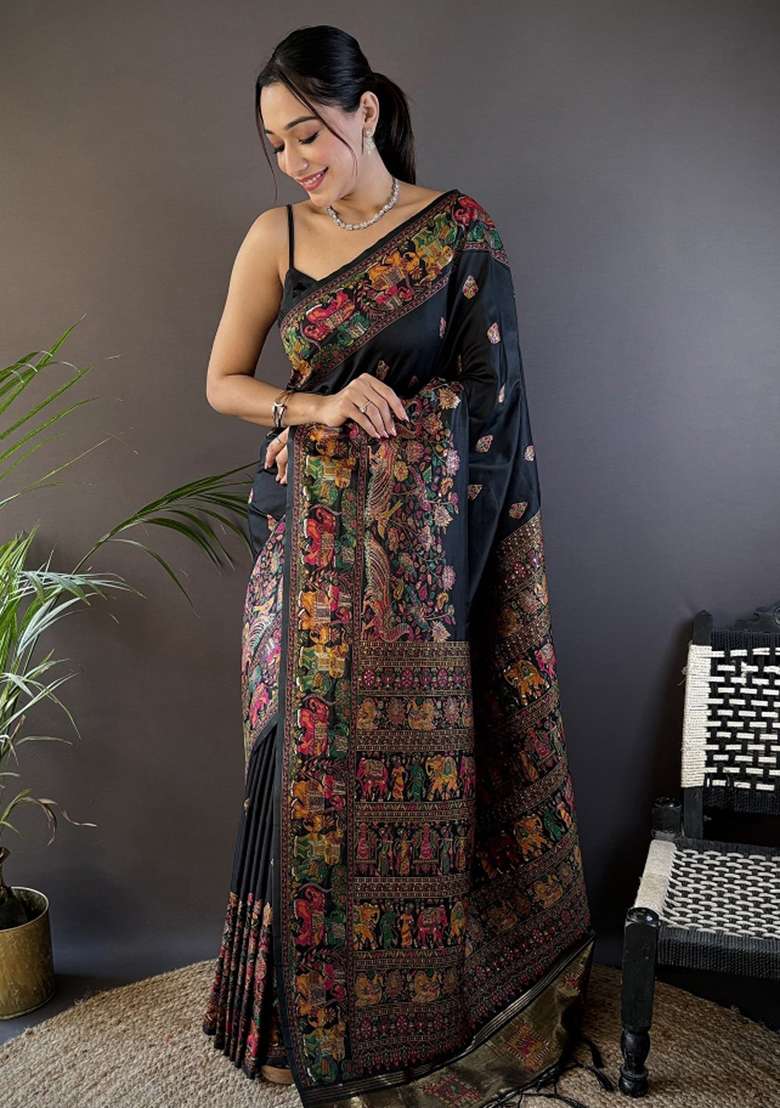 Black Embroidered Silk Blend Saree Set for Diwali and Festive Wear - Indya