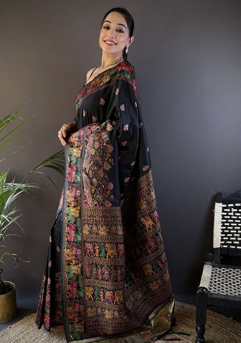 Black Embroidered Silk Blend Saree Set for Diwali and Festive Wear - Indya