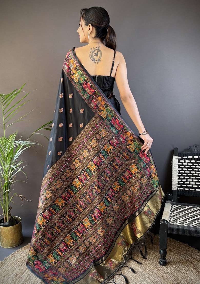 Black Embroidered Silk Blend Saree Set for Diwali and Festive Wear - Indya