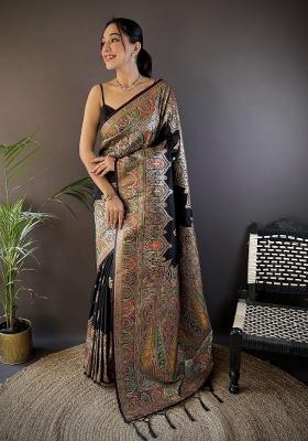 Black Embroidered Silk Saree Set