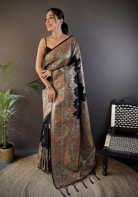 Black Embroidered Silk Saree Set