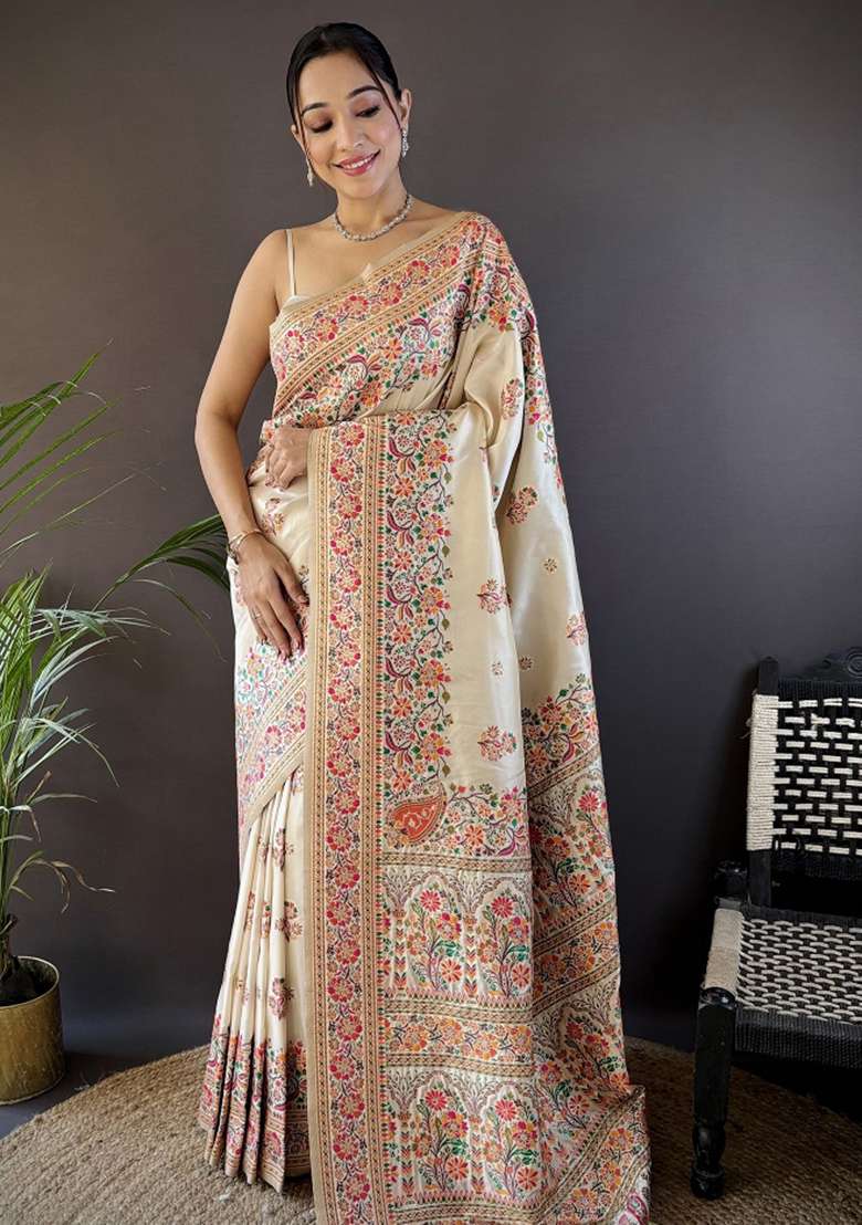 White Silk Blend Saree Set with Embroidered for Diwali | Wedding & Festive Wear - Indya