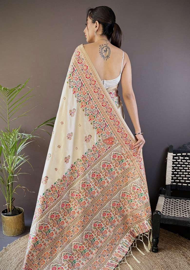 White Silk Blend Saree Set with Embroidered for Diwali | Wedding & Festive Wear - Indya