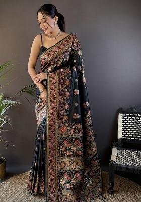 Black Embroidered Silk Saree Set