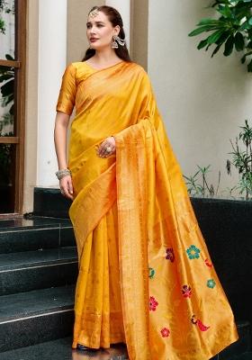 Orange Embroidered Silk Saree Set