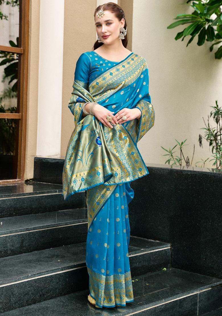 Royal Blue Embroidered Silk Saree Set