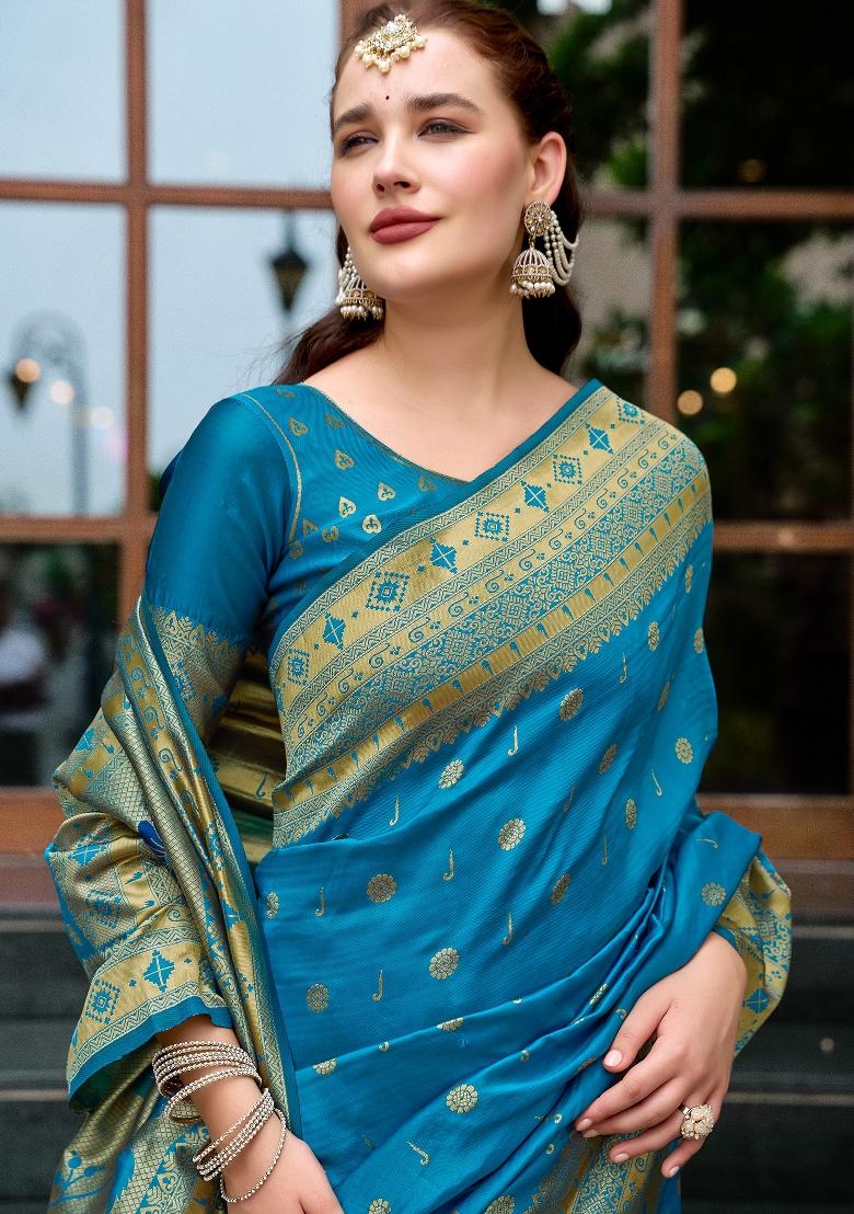 Royal Blue Embroidered Silk Saree Set