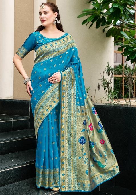 Royal Blue Embroidered Silk Saree Set