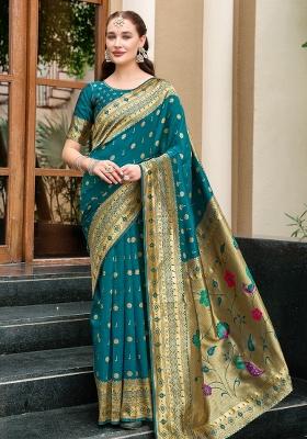 Deep Teal Embroidered Silk Saree Set