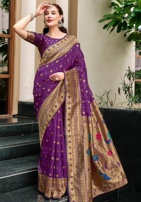 Purple Embroidered Silk Saree Set