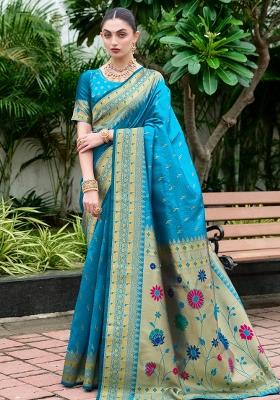 Sky Blue Embroidered Silk Saree Set