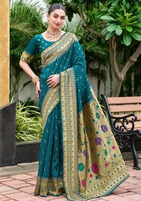 Deep Teal Embroidered Silk Saree Set