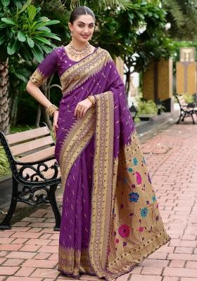 Purple Embroidered Silk Saree Set