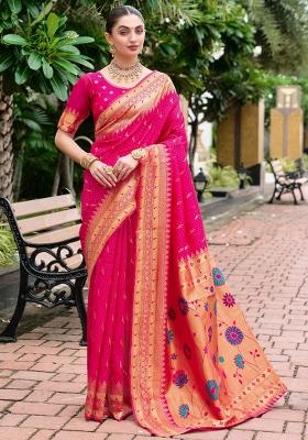 Hot Pink Embroidered Silk Saree Set