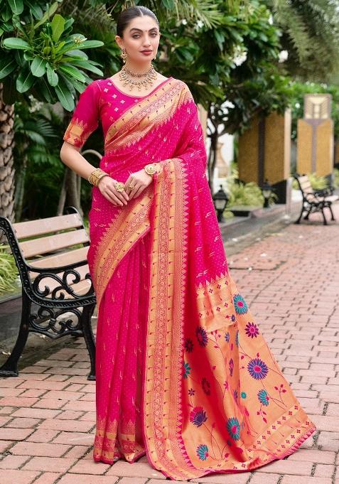Hot Pink Embroidered Silk Saree Set