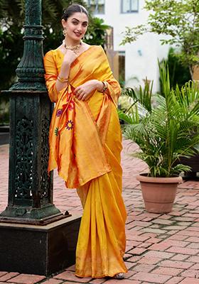 Orange Embroidered Silk Saree Set