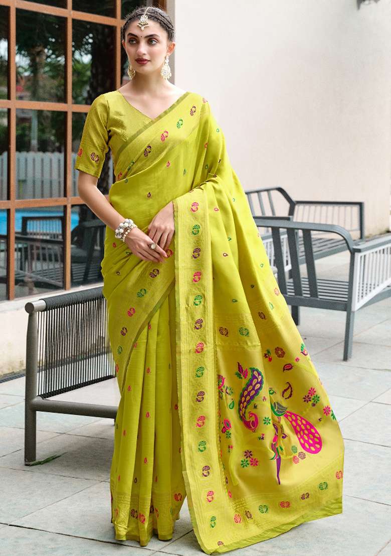 Light Green Silk Blend Saree Set with Embroidered for Diwali | Wedding & Festive Wear - Indya