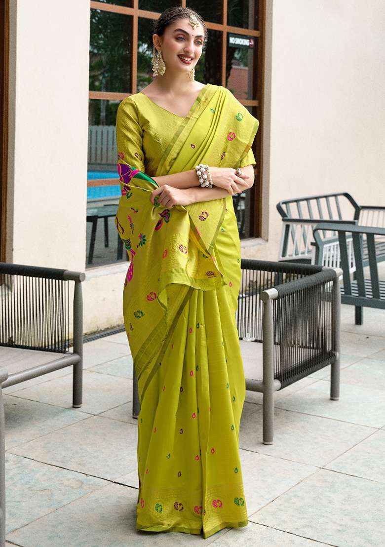 Light Green Silk Blend Saree Set with Embroidered for Diwali | Wedding & Festive Wear - Indya