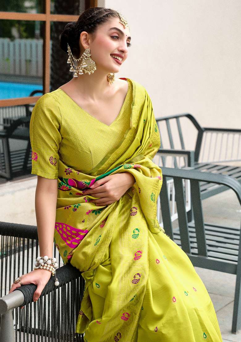 Light Green Silk Blend Saree Set with Embroidered for Diwali | Wedding & Festive Wear - Indya