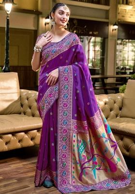 Purple Embroidered Silk Saree Set