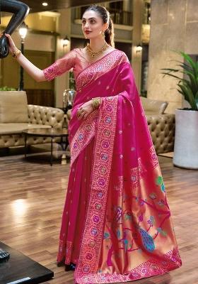 Hot Pink Embroidered Silk Saree Set