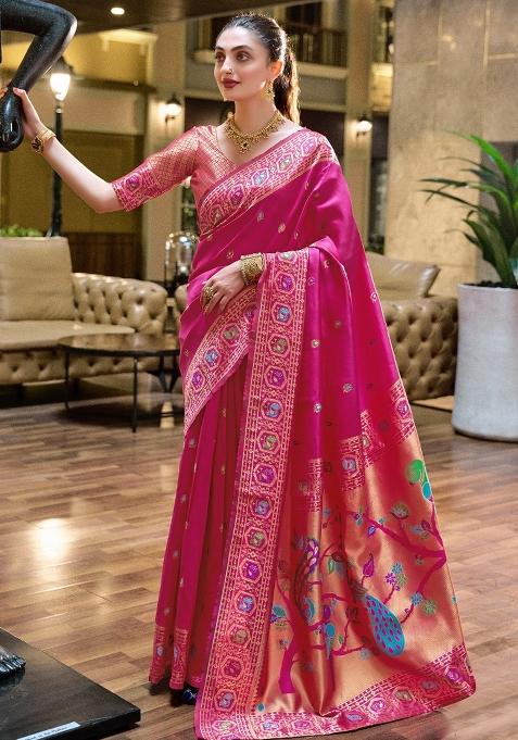Hot Pink Embroidered Silk Saree Set