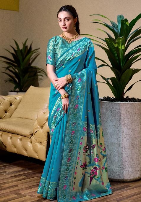 Sky Blue Embroidered Silk Saree Set