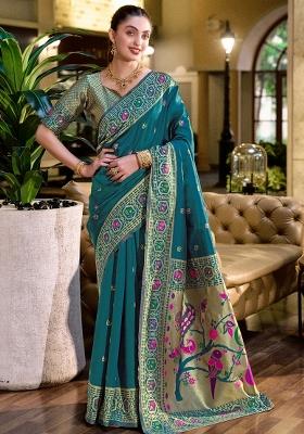 Deep Teal Embroidered Silk Saree Set
