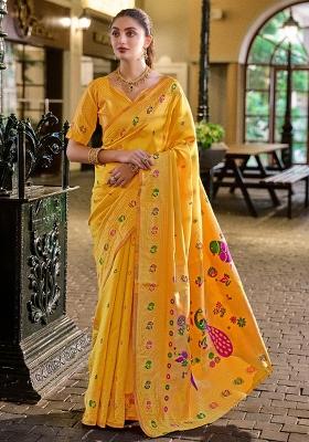 Golden Yellow Embroidered Silk Saree Set