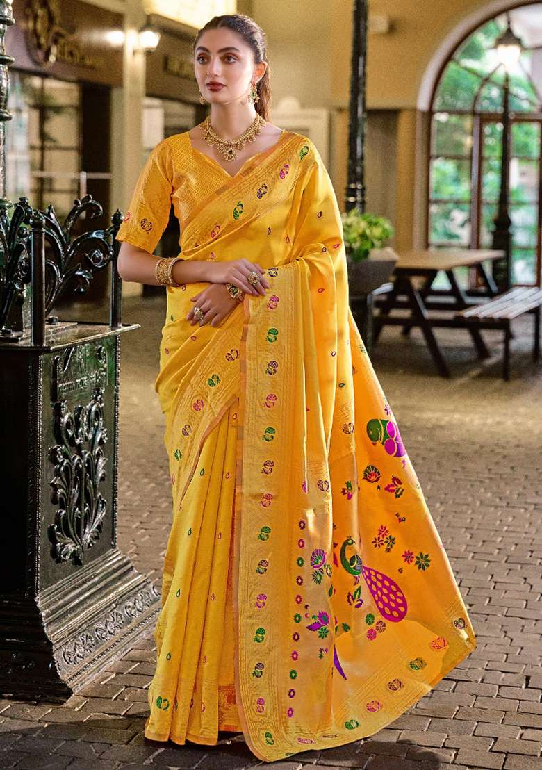 Golden Yellow Silk Blend Saree Set with Embroidered for Diwali | Wedding & Festive Wear - Indya