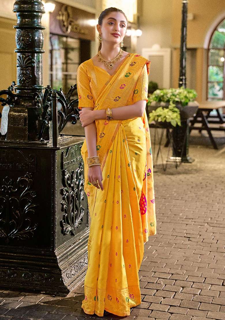 Golden Yellow Silk Blend Saree Set with Embroidered for Diwali | Wedding & Festive Wear - Indya