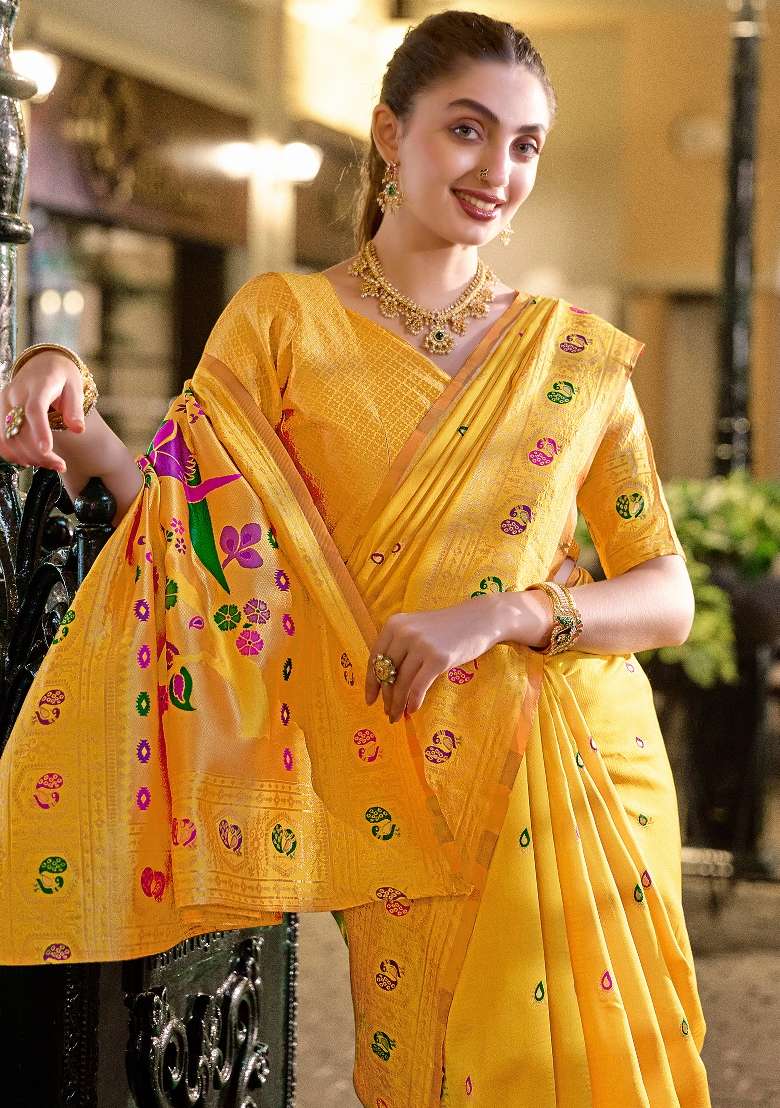 Golden Yellow Silk Blend Saree Set with Embroidered for Diwali | Wedding & Festive Wear - Indya